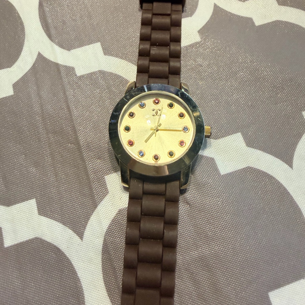 Gold Dial Brown Silicone Strap Watch With Crystal Markers